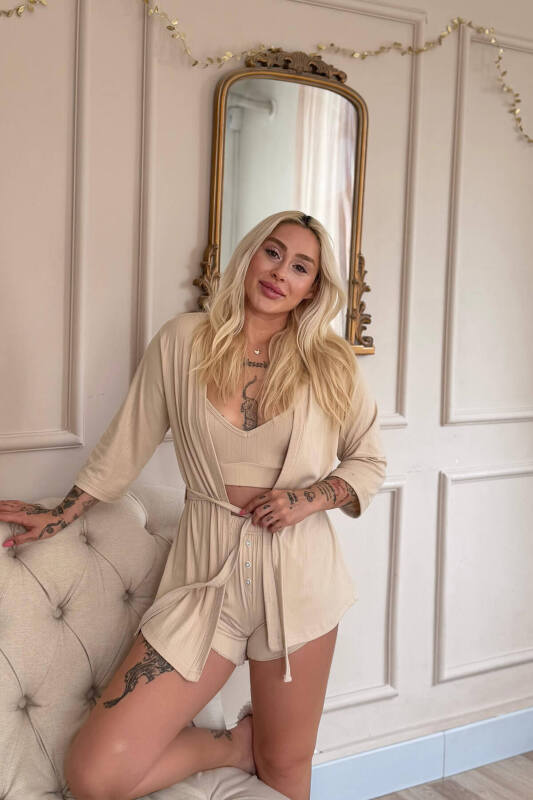 Bej Dublin Büstiyerli Sabahlıklı Kadın Pijama Takımı - Pijamaevi (2)