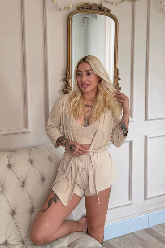 Bej Dublin Büstiyerli Sabahlıklı Kadın Pijama Takımı - Pijamaevi (3)