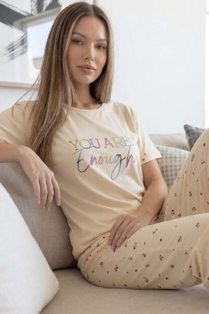 Bej Enough Desenli Bambu Kısa Kol Kadın Pijama Takımı - 1