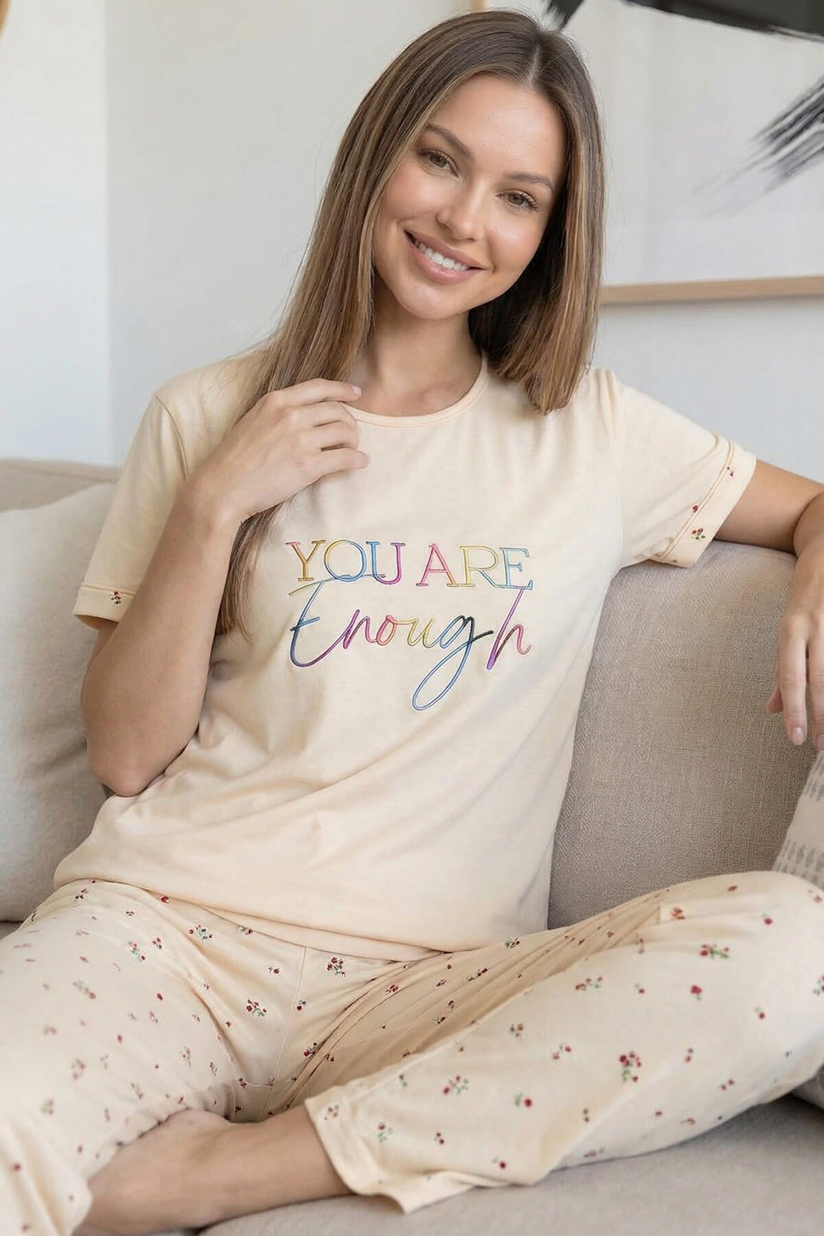 Bej Enough Desenli Bambu Kısa Kol Kadın Pijama Takımı - Pijamaevi (1)