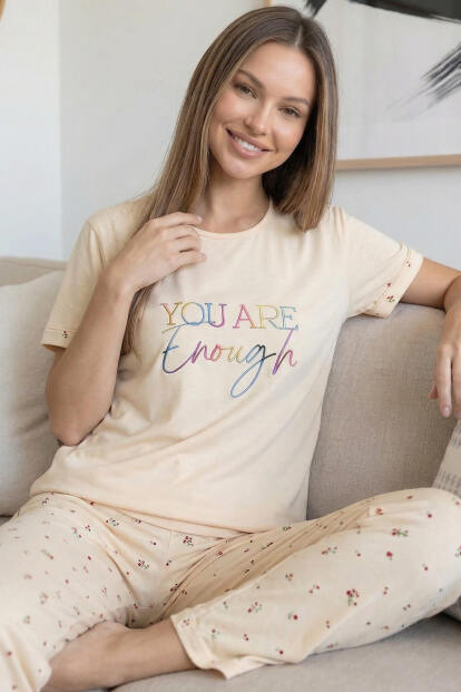 Bej Enough Desenli Bambu Kısa Kol Kadın Pijama Takımı - 2