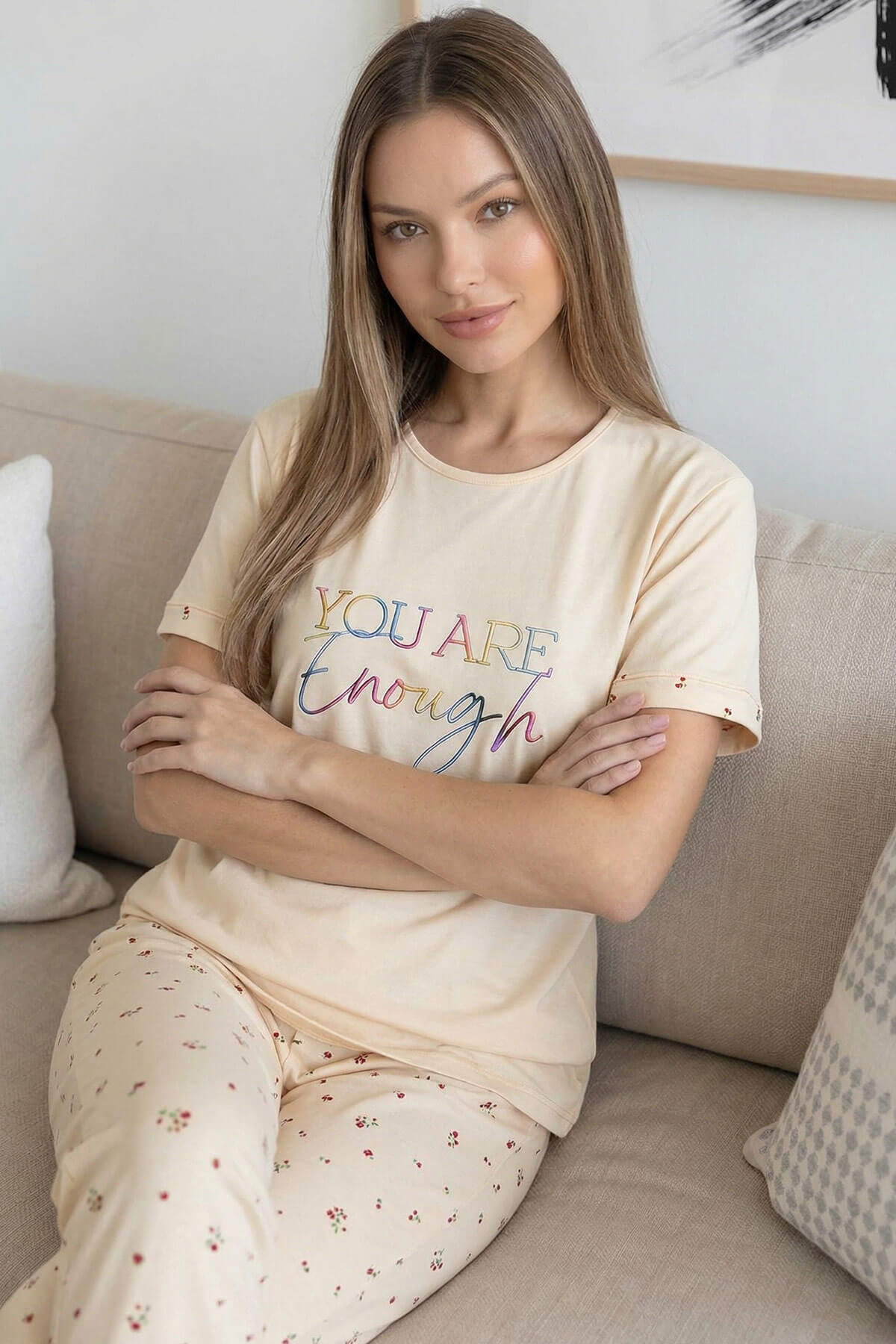 Bej Enough Desenli Bambu Kısa Kol Kadın Pijama Takımı - Pijamaevi (2)