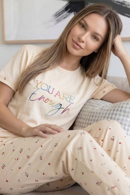 Bej Enough Desenli Bambu Kısa Kol Kadın Pijama Takımı - 4