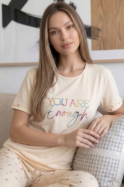 Bej Enough Desenli Bambu Kısa Kol Kadın Pijama Takımı - 5