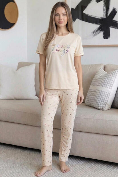 Bej Enough Desenli Bambu Kısa Kol Kadın Pijama Takımı - 6