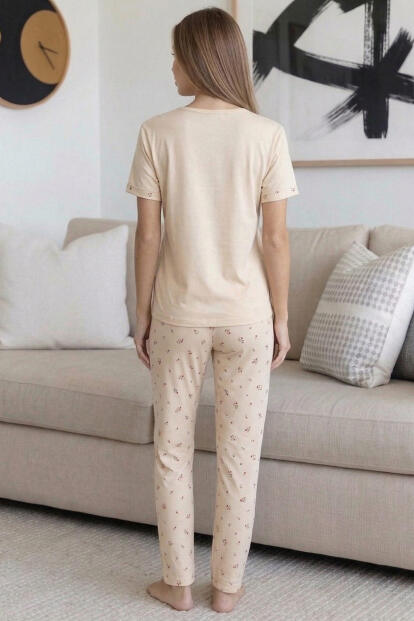 Bej Enough Desenli Bambu Kısa Kol Kadın Pijama Takımı - 7