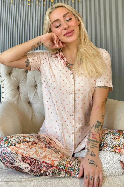 Bej Florado Exclusive Önden Düğmeli Kısa Kollu Kadın Pijama Takımı 