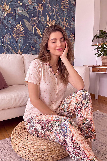 Bej Florado Exclusive Önden Düğmeli Kısa Kollu Kadın Pijama Takımı - 3
