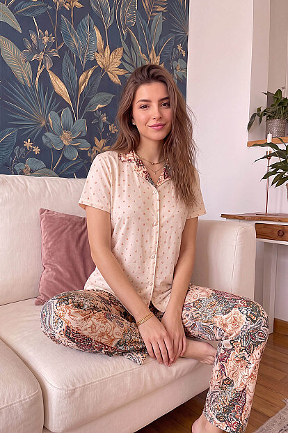 Bej Florado Exclusive Önden Düğmeli Kısa Kollu Kadın Pijama Takımı - 4