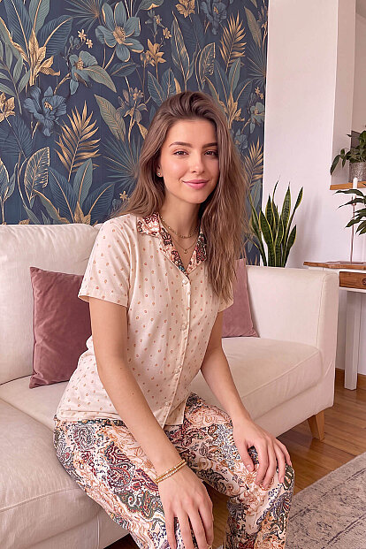 Bej Florado Exclusive Önden Düğmeli Kısa Kollu Kadın Pijama Takımı - 5