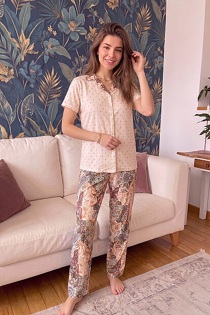 Bej Florado Exclusive Önden Düğmeli Kısa Kollu Kadın Pijama Takımı - 7