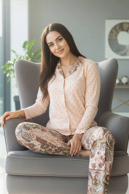 Bej Florado Exclusive Önden Düğmeli Uzun Kollu Kadın Pijama Takımı - 2