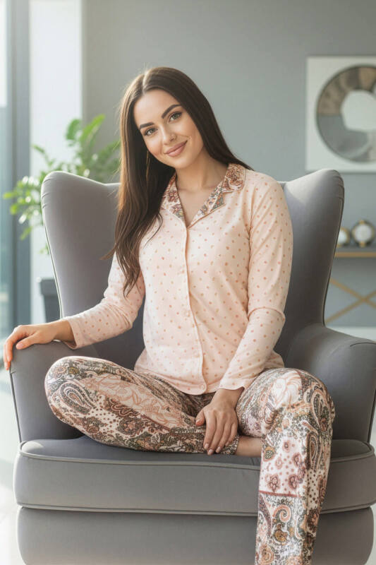 Bej Florado Exclusive Önden Düğmeli Uzun Kollu Kadın Pijama Takımı - Pijamaevi (1)