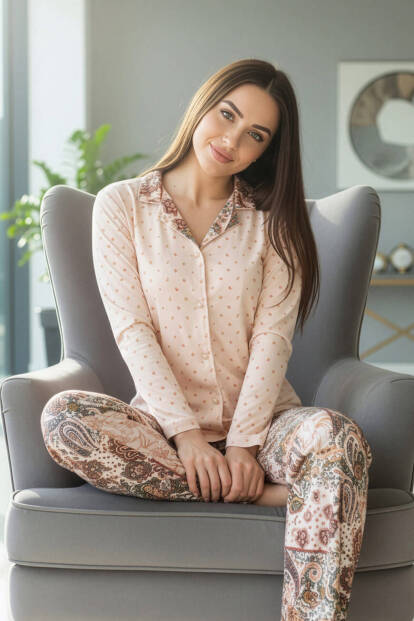 Bej Florado Exclusive Önden Düğmeli Uzun Kollu Kadın Pijama Takımı - 4