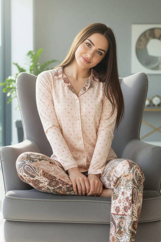 Bej Florado Exclusive Önden Düğmeli Uzun Kollu Kadın Pijama Takımı - Pijamaevi (3)