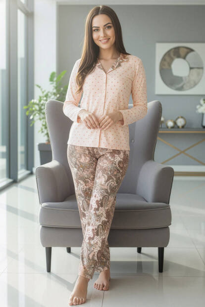Bej Florado Exclusive Önden Düğmeli Uzun Kollu Kadın Pijama Takımı - 5
