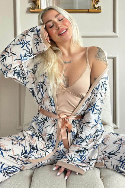 Bej Flore Exclusive Örme Sabahlıklı Kadın Pijama Takımı - 1