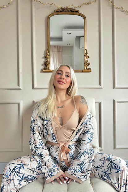 Bej Flore Exclusive Örme Sabahlıklı Kadın Pijama Takımı - 2