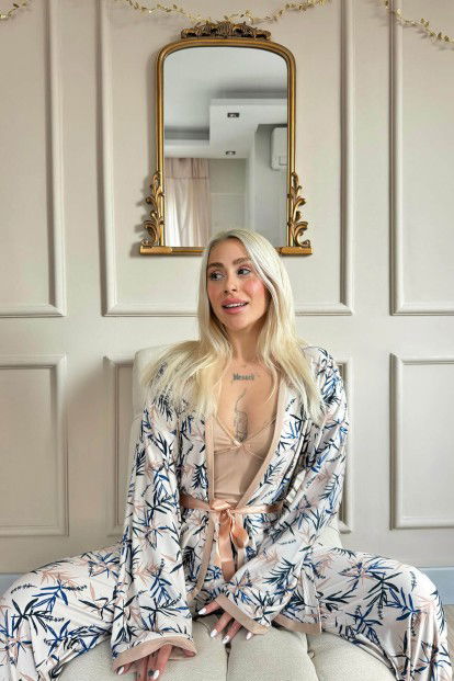Bej Flore Exclusive Örme Sabahlıklı Kadın Pijama Takımı - 3