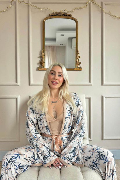 Bej Flore Exclusive Örme Sabahlıklı Kadın Pijama Takımı - 4