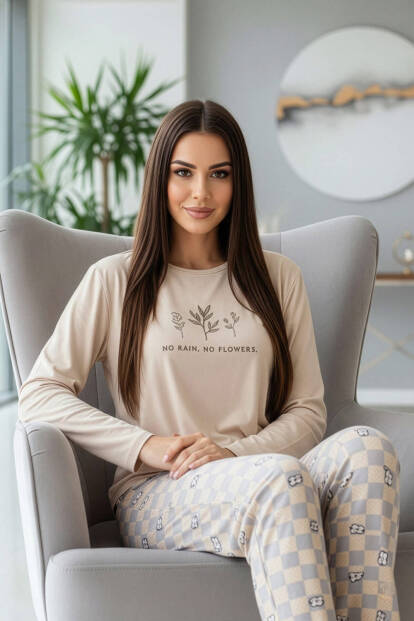 Bej Flowers Desenli Uzun Kollu Bambu Örme Kadın Pijama Takımı - 2