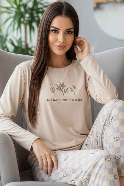 Bej Flowers Desenli Uzun Kollu Bambu Örme Kadın Pijama Takımı - 7