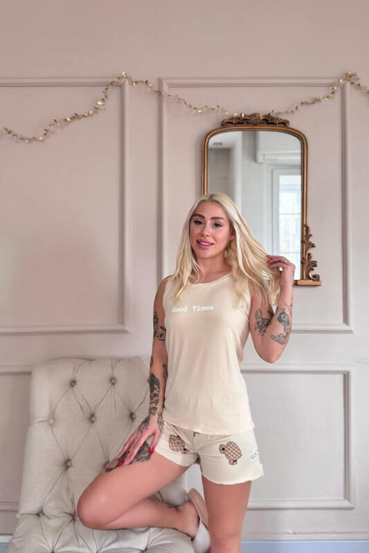 Bej Good Times Desenli Bambu Sıfır Kol Şortlu Kadın Pijama Takımı - Pijamaevi (2)