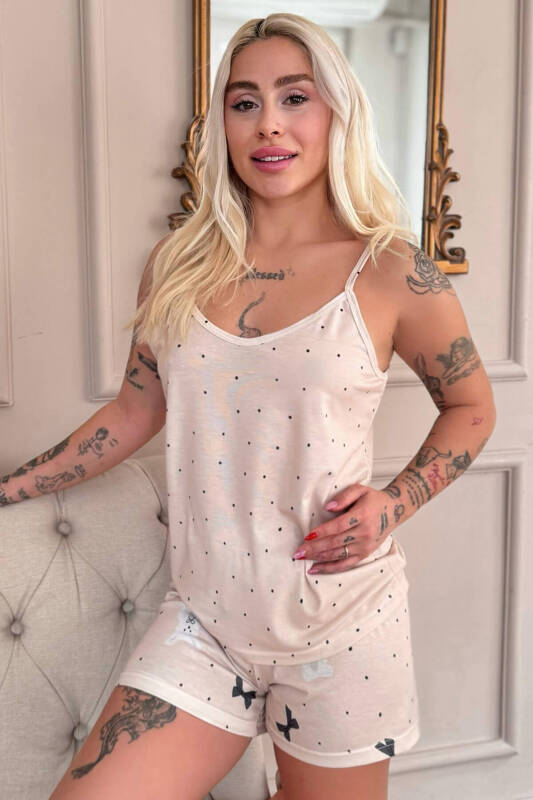 Bej Kurdele Desenli İp Askılı Şortlu Kadın Pijama Takımı - Pijamaevi