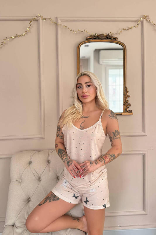 Bej Kurdele Desenli İp Askılı Şortlu Kadın Pijama Takımı - Pijamaevi (2)