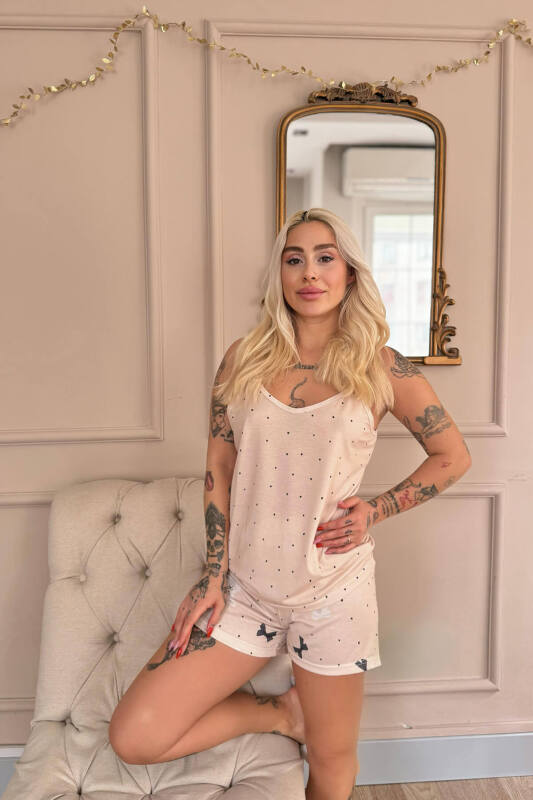 Bej Kurdele Desenli İp Askılı Şortlu Kadın Pijama Takımı - Pijamaevi (3)