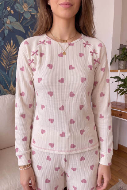 Bej Medula Desenli Waffle Soft Uzun Kollu Kadın Pijama Takım - 6