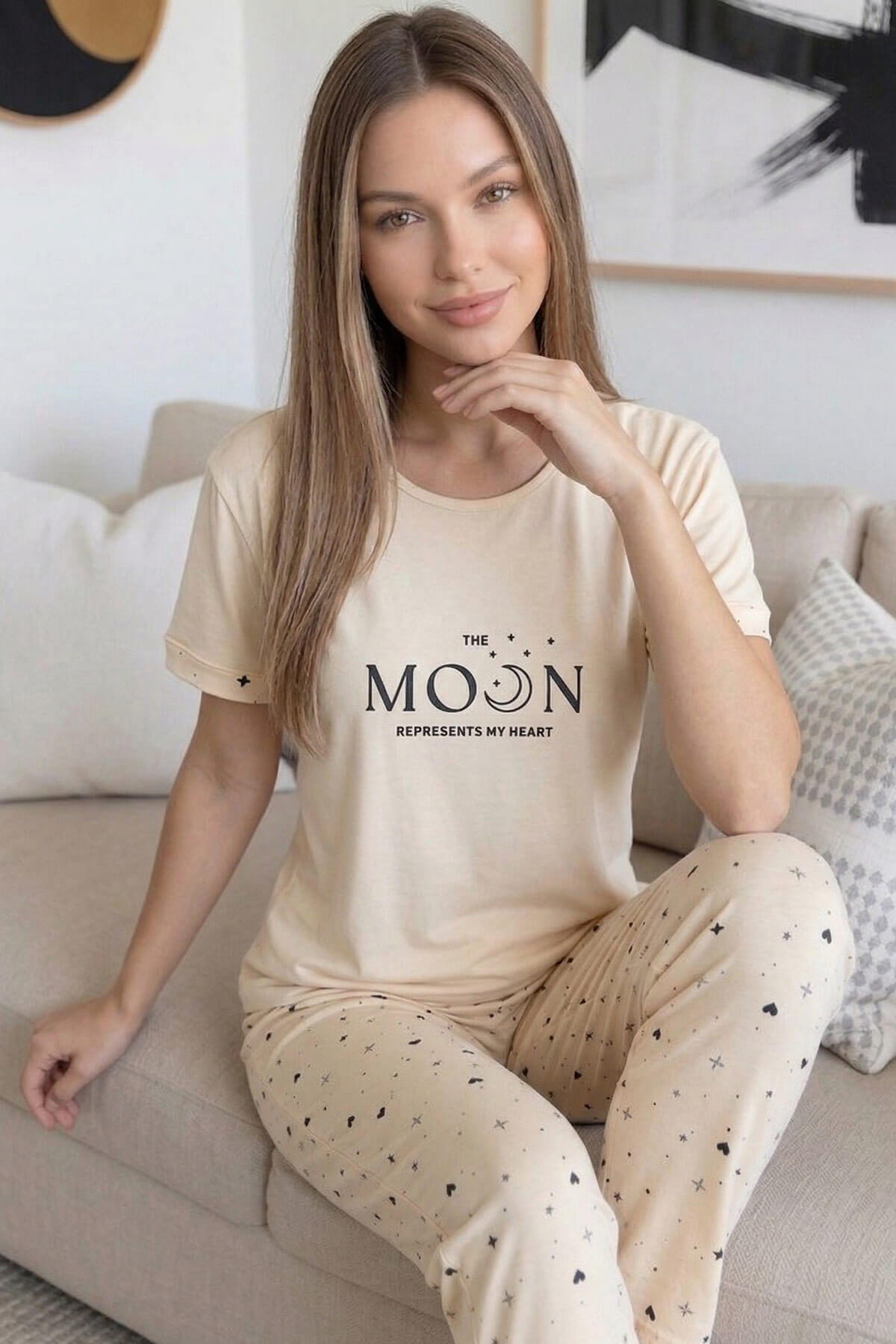 Bej Moon Desenli Bambu Kısa Kol Kadın Pijama Takımı - Pijamaevi (1)