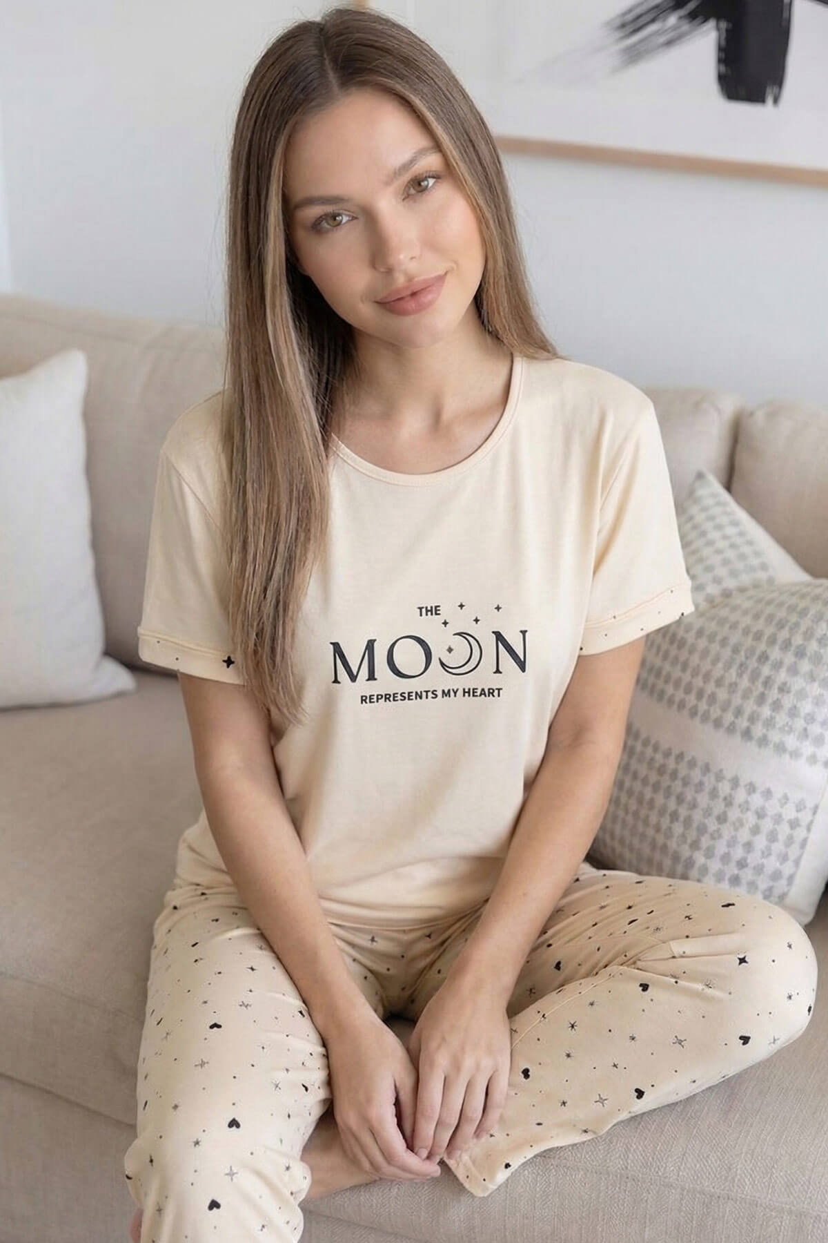 Bej Moon Desenli Bambu Kısa Kol Kadın Pijama Takımı - Pijamaevi (2)