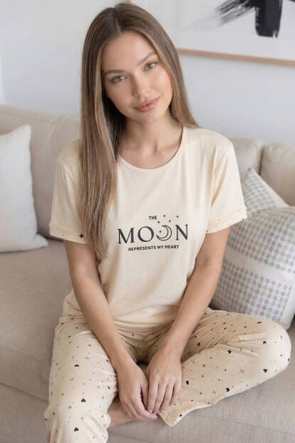Bej Moon Desenli Bambu Kısa Kol Kadın Pijama Takımı - 3