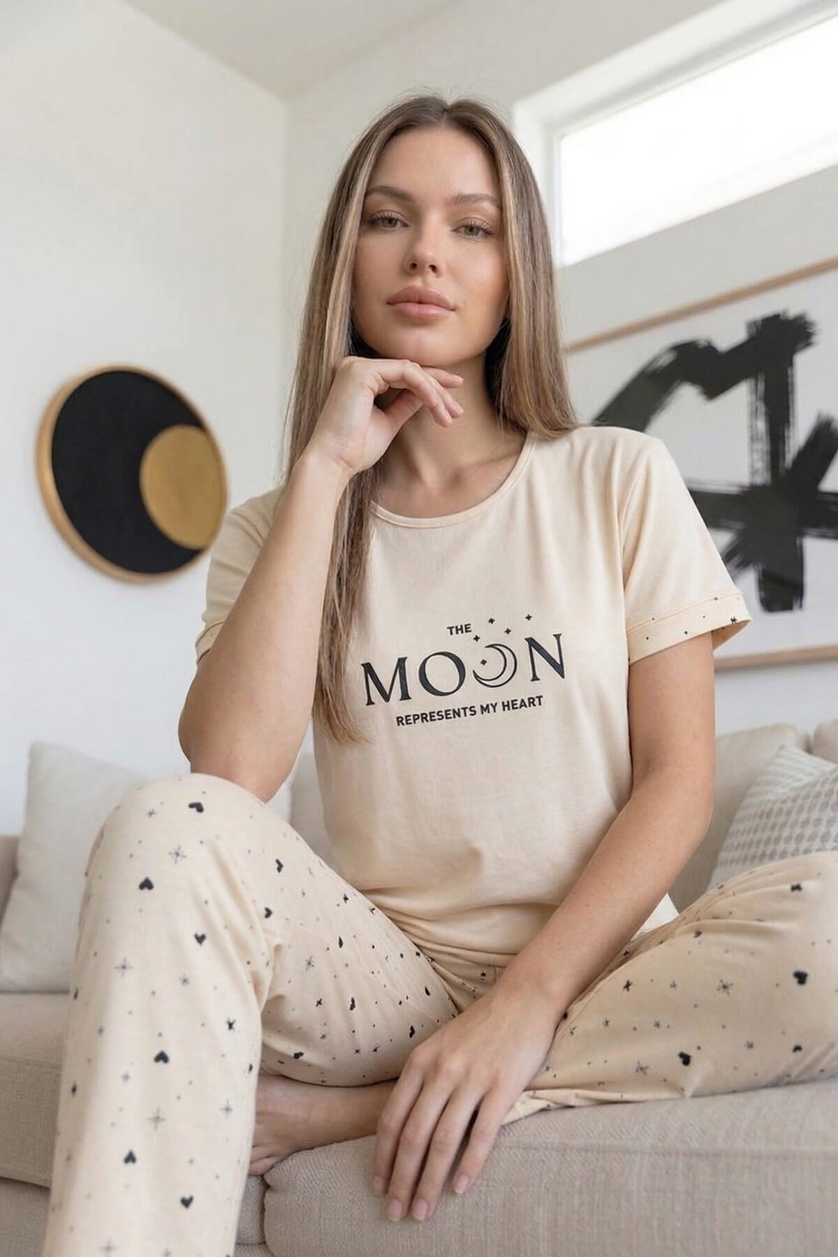 Bej Moon Desenli Bambu Kısa Kol Kadın Pijama Takımı - Pijamaevi (3)