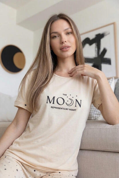 Bej Moon Desenli Bambu Kısa Kol Kadın Pijama Takımı - 5