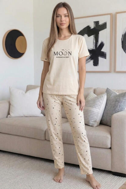 Bej Moon Desenli Bambu Kısa Kol Kadın Pijama Takımı - 6