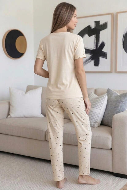 Bej Moon Desenli Bambu Kısa Kol Kadın Pijama Takımı - 7