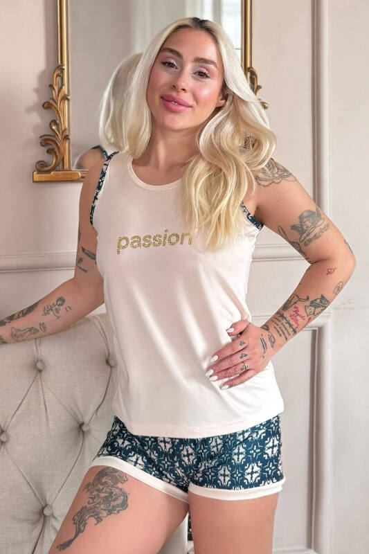Bej Passion Desenli Sıfır Kol Şortlu Örme Kadın Pijama Takımı - Pijamaevi