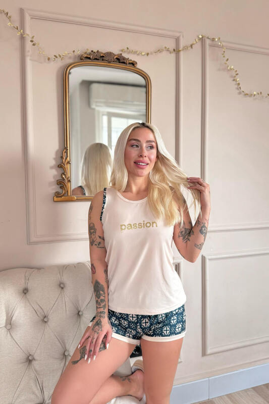 Bej Passion Desenli Sıfır Kol Şortlu Örme Kadın Pijama Takımı - Pijamaevi (2)