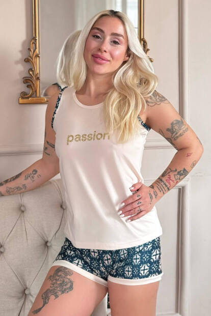 Bej Passion Desenli Sıfır Kol Şortlu Örme Kadın Pijama Takımı - 6