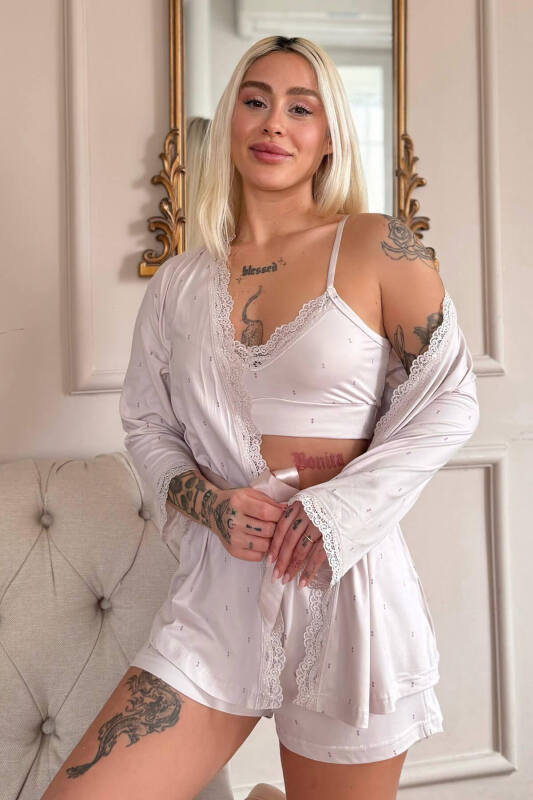 Bej Puan Desenli Bambu Crop Sabahlıklı Şortlu Kadın Pijama Takımı - Pijamaevi