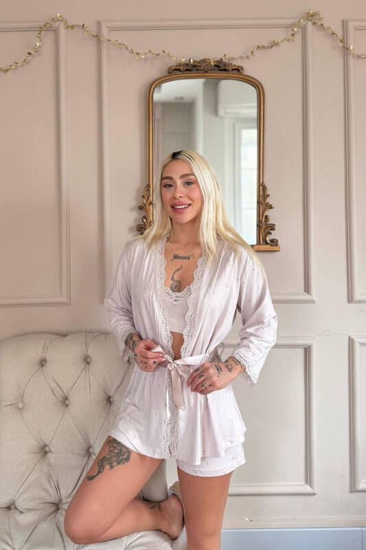 Bej Puan Desenli Bambu Crop Sabahlıklı Şortlu Kadın Pijama Takımı - Pijamaevi (1)