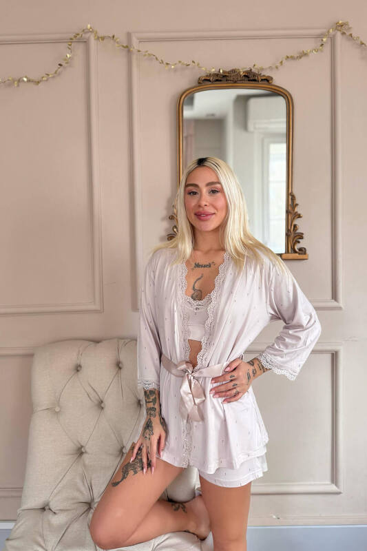 Bej Puan Desenli Bambu Crop Sabahlıklı Şortlu Kadın Pijama Takımı - Pijamaevi (2)