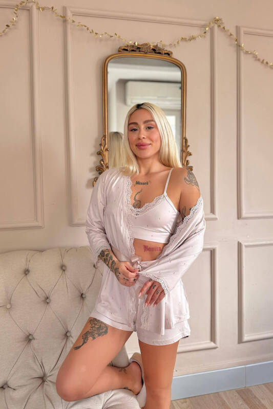 Bej Puan Desenli Bambu Crop Sabahlıklı Şortlu Kadın Pijama Takımı - Pijamaevi (3)