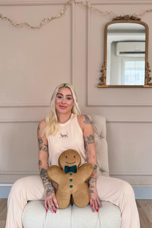 Bej Savannah Leopar Desenli Örme Sıfır Kol Kadın Pijama Takımı - Pijamaevi (3)