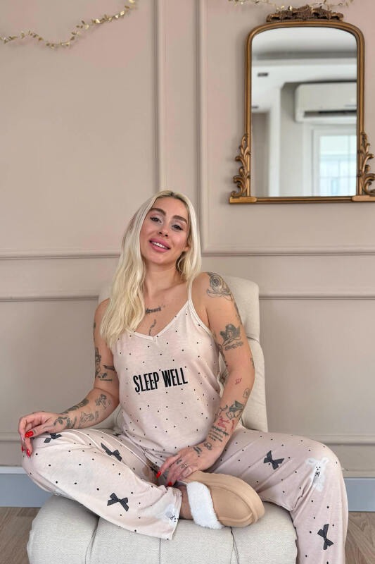 Bej Sleep Well Baskılı Ip Askılı Örme Kadın Pijama Takımı - Pijamaevi (1)