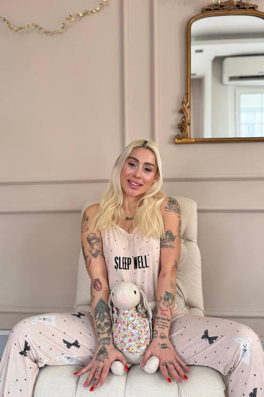 Bej Sleep Well Baskılı Ip Askılı Örme Kadın Pijama Takımı - Pijamaevi (2)