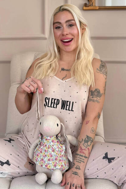 Bej Sleep Well Baskılı Ip Askılı Örme Kadın Pijama Takımı - 7