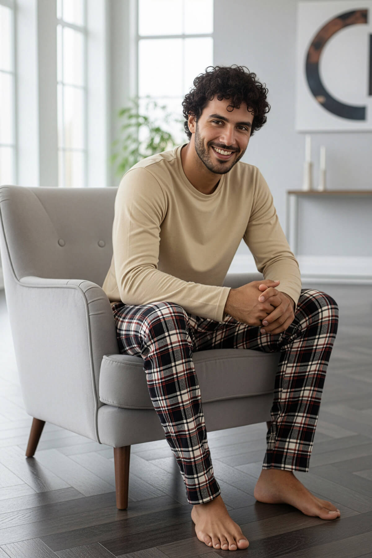 Bej Stylish Erkek Uzun Kol Pijama Takımı - Pijamaevi (1)